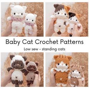 バンドル 4 in 1: 立ちポーズのチャビーキャット、低縫製クロシェパターン、子猫の編みぐるみパターン、白黒、三毛猫、トラ猫、シャム猫