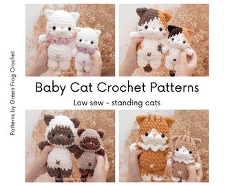 May include: Four pairs of crocheted baby cat amigurumi toys. Each pair features a larger and smaller cat. The cats are in various colors, including white, brown, orange, and calico. The text "Baby Cat Crochet Patterns" and "Low sew - standing cats" is displayed below the images.