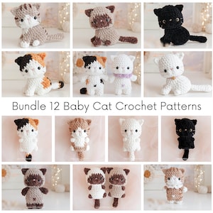 Bundel 12 in 1: niet-naai en laag-naai-kat-haakpatronen, amigurumi-patroon voor kleine kittens, zwart-witte kat, calico, tabby, Siamese kat afbeelding 1