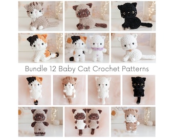 Lot de 12 en 1 : modèles de chats au crochet sans couture et à couture basse, motif amigurumi petit chaton, chat noir et blanc, calicot, tigré, chat siamois