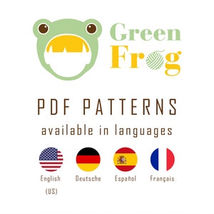 May include: Green Frog logo with a cartoon frog wearing a yellow hat. The text "Green Frog" is in yellow and green. Below the logo, the text "PDF PATTERNS available in languages" is in brown. Four flags are shown below the text: American, German, Spanish, and French.