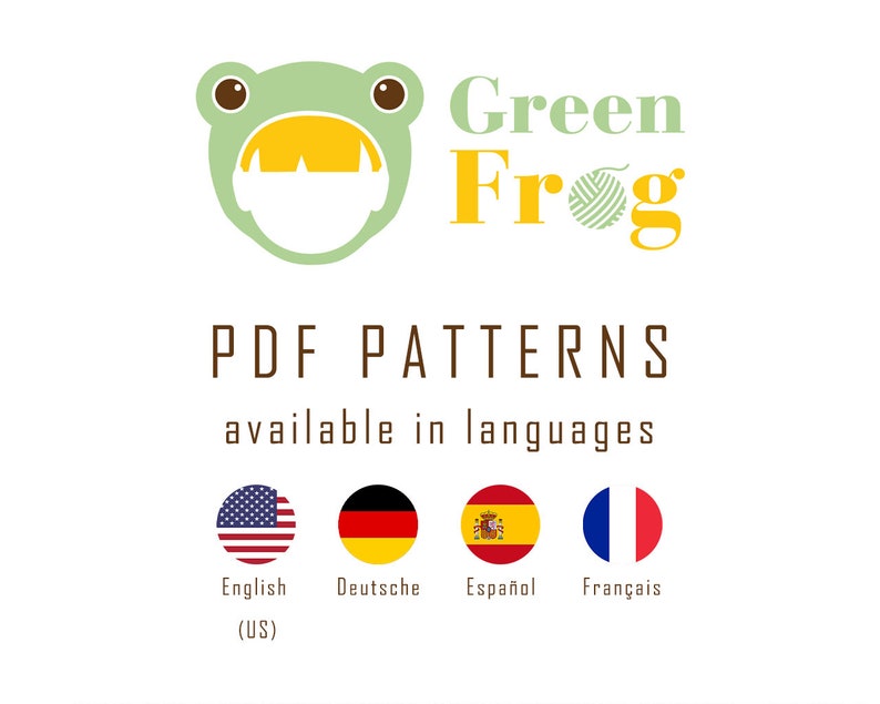 May include: Green Frog logo with a cartoon frog wearing a yellow hat. The text "Green Frog" is in yellow and green. Below the logo, the text "PDF PATTERNS available in languages" is in brown. Four flags are shown below the text: American, German, Spanish, and French.