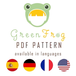 Puede incluir: Logotipo de Green Frog PDF Pattern con una rana de dibujos animados y una bola de hilo. El texto del logotipo dice "Green Frog PDF Pattern" y "disponible en varios idiomas". Se muestran cuatro banderas: Espa&ntilde;a, Alemania, Francia y Estados Unidos.