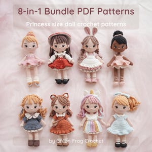 Puede incluir: Imagen de ocho muñecas de ganchillo hechas a mano con diferentes atuendos. Las muñecas tienen diferentes peinados y visten vestidos en tonos rosa, rojo, azul y naranja. El texto dice "8-in-1 Bundle PDF Patterns" y "Princess size doll crochet patterns."