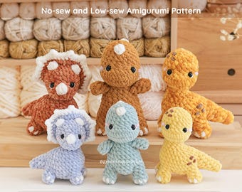 Bundle 3 in 1 No Sew Dinosaur Amigurumi Brontosaurus, T-Rex & Low Sew Triceratops Crochet Pattern