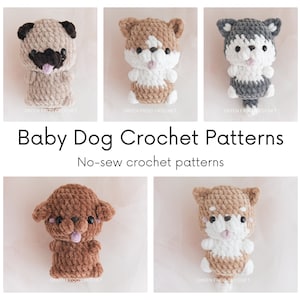 Könnte beinhalten: Fünf Häkelanleitungen zum Herstellen von Baby-Hunde-Plüschtieren. Die Anleitungen umfassen einen Mops, einen Husky, einen Shiba Inu und zwei weitere Rassen. Die Anleitungen sind nahtlos und bei Green Frog Crochet erhältlich.