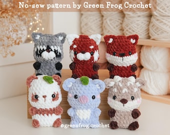 No sew crochet amigurumi woodland, forest animals patterns, red panda, panda, deer, raccoon, panda, koala