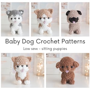 Puede incluir: Cuatro patrones de crochet para hacer juguetes amigurumi de cachorros. Los patrones son para un husky, un pug, un shiba inu y un caniche. Cada patrón incluye instrucciones para tejer un cachorro sentado con una construcción de bajo cosido.