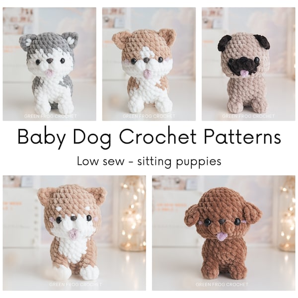 Low sew crochet amigurumi patterns Sitting Baby Dog, puppy bundle 5 in 1