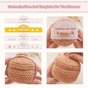 Pode incluir: Uma vaporeira de croch&ecirc; bege contendo um brinquedo de bao bun macio, acompanhada por um modelo de etiqueta personaliz&aacute;vel com o texto Squishy Bao Bun e What Animal Will You Get, com v&aacute;rios &iacute;cones de bao bun e se&ccedil;&otilde;es para recortar.