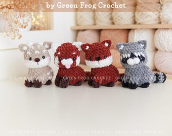 Sitting woodland, forest animals patterns, low sew crochet amigurumi red panda, deer, raccoon, panda, fox