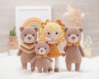 Schema Amigurumi all'uncinetto Riccioli d'oro e i tre orsi PDF English(US term), Español, Português(BR), Deutsche, Français