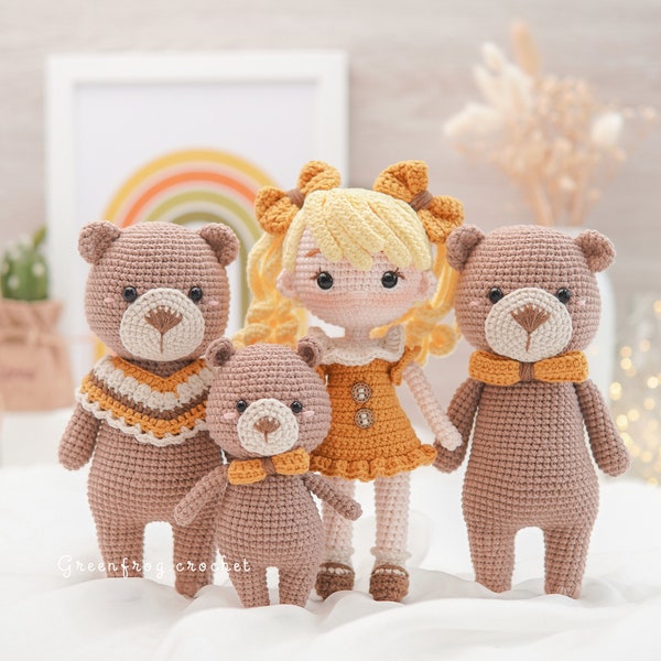 Amigurumi pattern crochet Goldilocks and The Three Bears PDF English(US terms), Español, Português(BR), Deutsche, Français