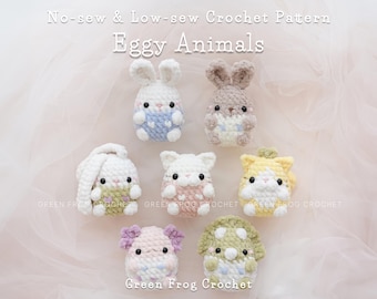 No sew and low sew amigurumi crochet patterns egg bunny, cat, dinosaur triceratops, axolotl