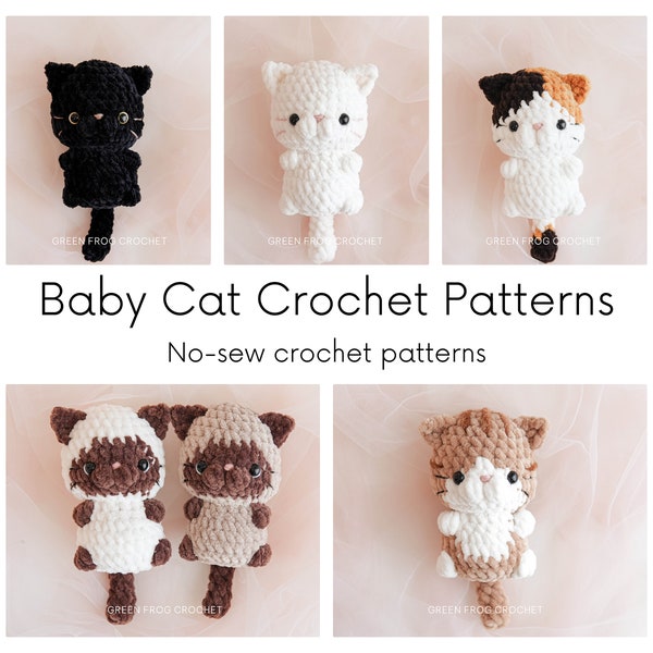 Bundle 4 in 1 no sew cat crochet patterns, baby cat, little kitten amigurumi pattern: black and white cat, calico, tabby, Siamese cat