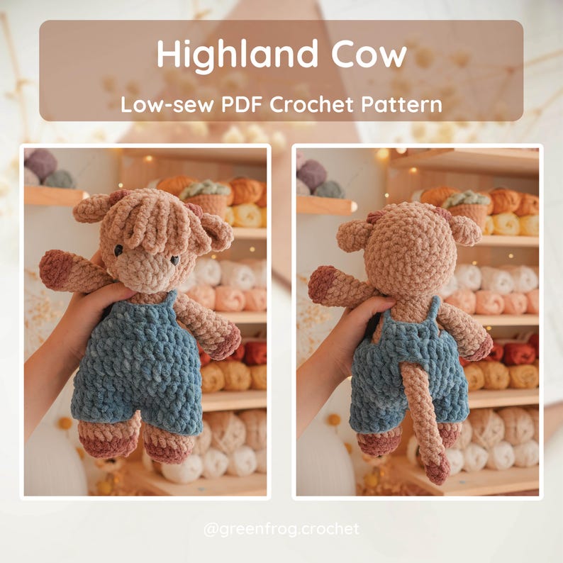 May include: A crochet Highland cow plush toy wearing blue overalls. The toy has light brown yarn, a shaggy fringe, and dark brown hooves. The image includes the text Highland Cow Low-sew PDF Crochet Pattern and @greenfrog.crochet.