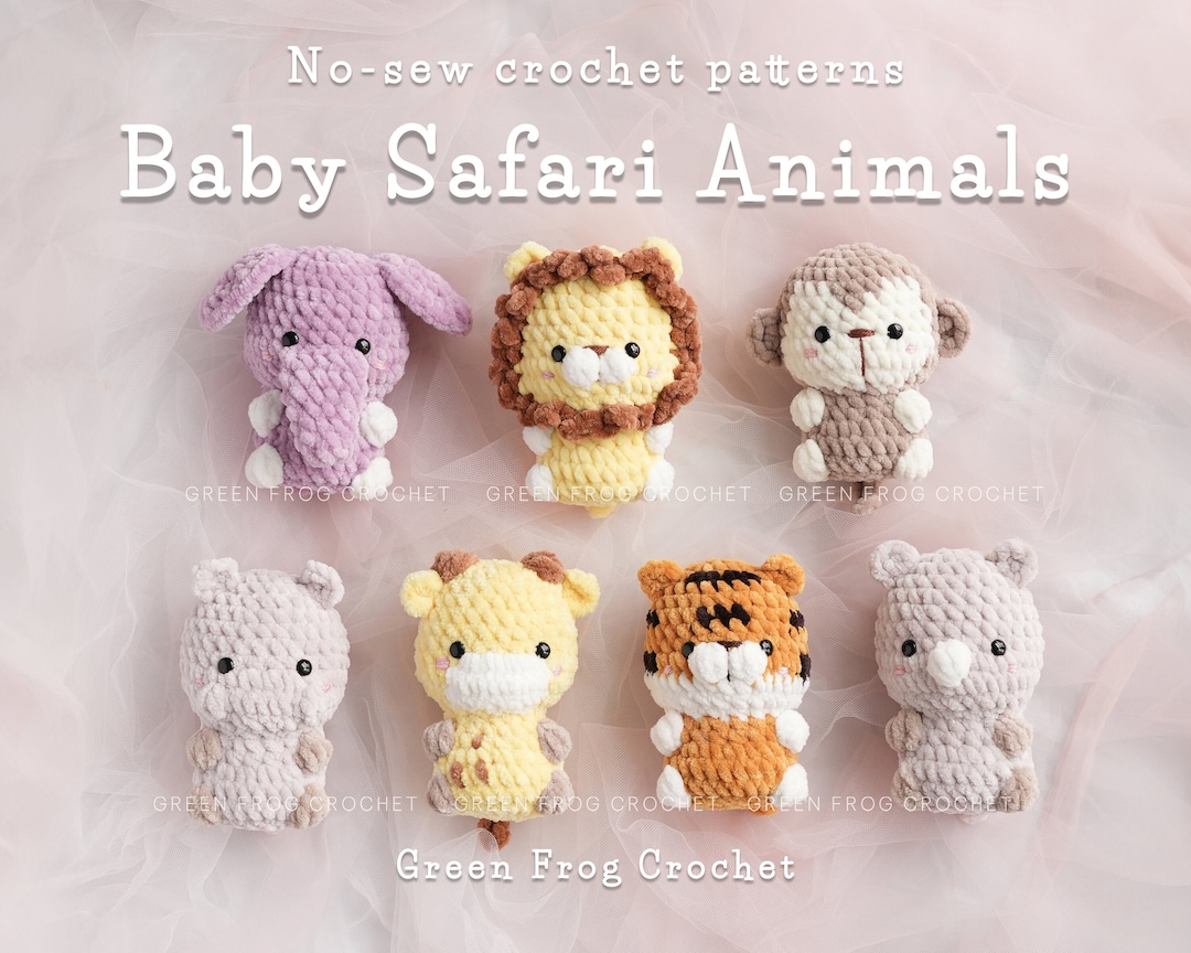Paquete de patrones de animales de safari para bebés, sin costura y  patrones de crochet amigurumi rápidos para león, tigre, jirafa, mono,