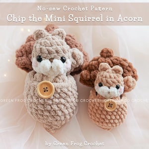 May include: Two crocheted squirrel toys, one large and one small, nestled in acorn-shaped cocoons. The squirrels are tan with white faces, black eyes, and a wooden button detail. The text "Chip the Mini Squirrel in Acorn" is displayed.