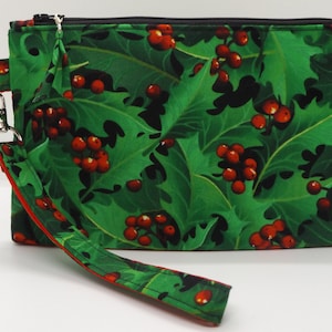 4XC - Clutch de azevinho de Natal, grande - @ 8 1/2"x 5 1/2", acolchoada, de pé, algodão, alça removível, MJSEWS2
