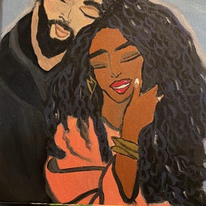 May include: A painting of a couple embracing. The man has a beard and closed eyes. The woman has long black hair and is wearing a pink shirt. The background is a light blue.