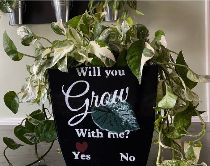 Will You Grow With Me Home Oniship Art Deco hand painted 8 inch square planter black