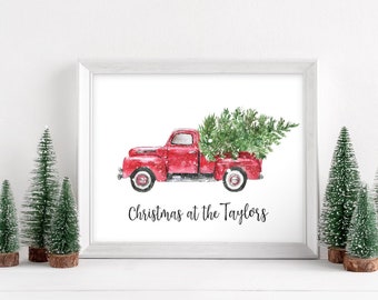 Camion rouge Impression de Noël | Noël avec la | Art mural de Noël | Imprimé de Noël en famille | Estampes de Noël | Décor de Noël | Imprimable