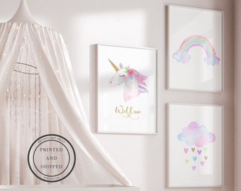 Unicorn Childrens Prints | Kids Name Print | Unicorn Decor | Childrens Wall Art | Children personalized name | Unicorn Rainbow Set of 3