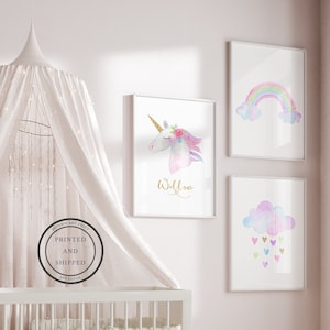 Unicorn Childrens Prints | Kids Name Print | Unicorn Decor | Childrens Wall Art | Children personalized name | Unicorn Rainbow Set of 3