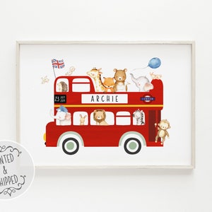 Roter Bus Poster | Baby Name Druck | Transportmittel Kinderzimmer Dekor | Personalisierte Kinderzimmer Wandkunst | Kinderzimmer Dekor | Personalisiertes Namensschild