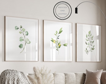 May include: Three framed watercolor prints of green leafy branches with yellow flowers. The prints are hung on a white wall above a white couch.