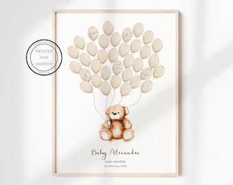 Könnte beinhalten: Ein weißer druckbarer Poster mit einem braunen Teddybär, der Ballons hält. Die Ballons sind leer und können von Gästen auf einer Babyparty signiert werden. Der Text auf dem Poster lautet "Baby Alexander Baby Shower 4th February 2022".