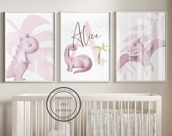 Láminas de dinosaurios / Láminas de dinosaurios para guardería / Decoración de guardería / Decoración de dormitorio / Decoración de dinosaurios / Arte de pared de dinosaurios / Impresión de nombre personalizado / Rosa