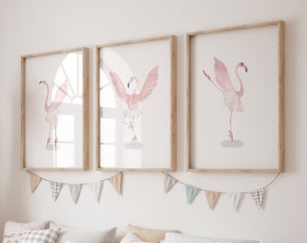 Flamingo Nursery Print | Flamingo Illustration Art | Nursery Decor | Nursery Wall Art | Ballerina Wall Art | Baby Decor | Set of 3