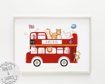 Red Bus Nursery Prints | Baby Name Print | Transport Nursery Decor | Personalised Nursery Wall Art | Nursery Decor | Personalized Name Sign