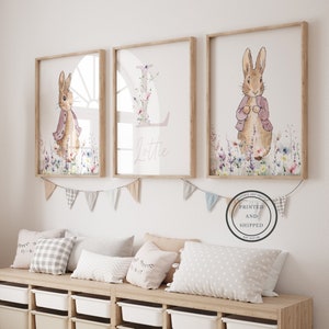 Peter Rabbit Nursery Prints / Impresión del nombre del bebé / Flopsy Rabbit Nursery Decor / Floral Nursery Wall Art / Baby Decor / Beatrix Potter Set de 3
