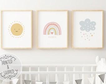 Rainbow Childrens Prints | Kids Name Print | Rainbow Decor | Childrens Wall Art | Children personalized name | Sun Rainbow Cloud Set of 3