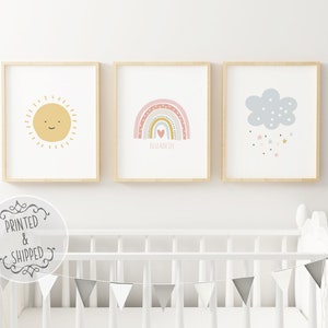 Rainbow Childrens Prints | Kids Name Print | Rainbow Decor | Childrens Wall Art | Children personalized name | Sun Rainbow Cloud Set of 3