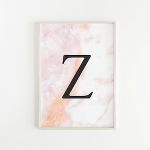 May include: A framed print with a pink and white marble background and the letter "Z" in black.