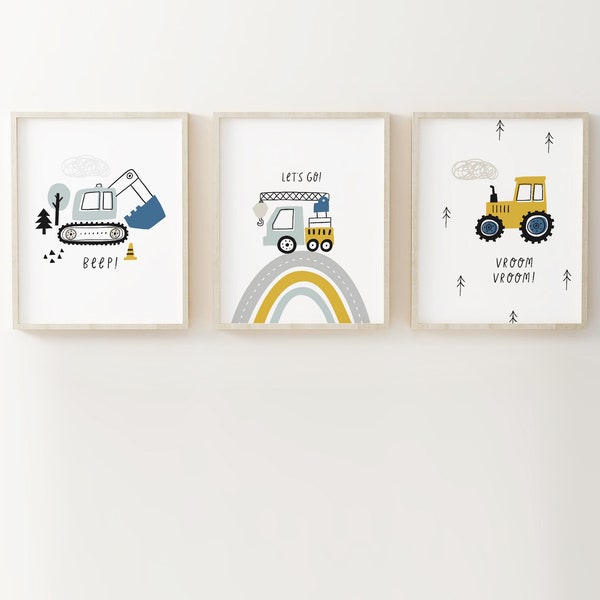 Set of 3 Construction Prints | Nursery Car Art | Construction Nursery Decor | Truck Wall Art | Tractor Wall Art | Crane Wall Art | Set of 3