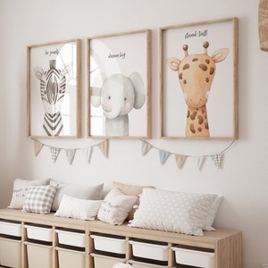 Kunstdrucke Kinderzimmer | Safari und Tiere des Waldes | Baby Dekor | Alle 3 Drucke