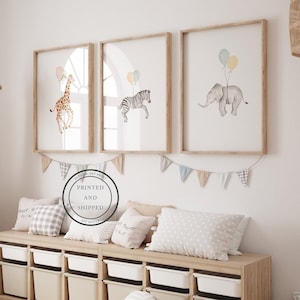 Balloon Safari Print Set | Safari Wall Art | Watercolor Nursery Art | Nursery wall art | Zebra Elephant Giraffe | Zoo | Baby Decor Set of 3