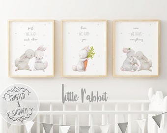 May include: Three framed prints with watercolor illustrations of bunnies. The first print says "first - we had - each other". The second print says "then - we had - you". The third print says "now - we have - everything".