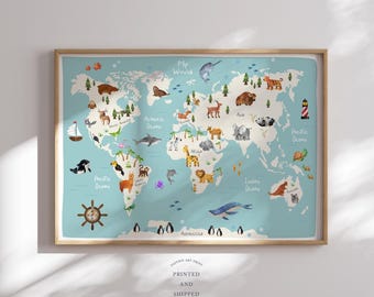 Animal World Map Print - Map Wall Art - Educational Print - Baby Decor - Nursery Map - Nursery Room - Children's Room Decor - Playroom Print