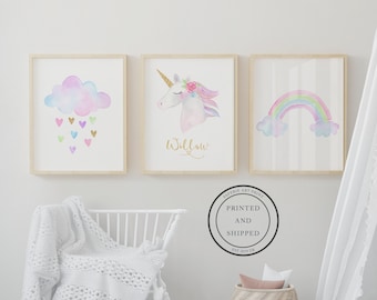 Unicorn Childrens Prints | Kids Name Print | Unicorn Decor | Childrens Wall Art | Children personalized name | Unicorn Rainbow Set of 3