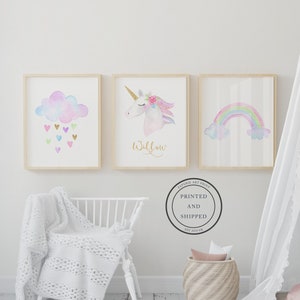 Unicorn Childrens Prints | Kids Name Print | Unicorn Decor | Childrens Wall Art | Children personalized name | Unicorn Rainbow Set of 3