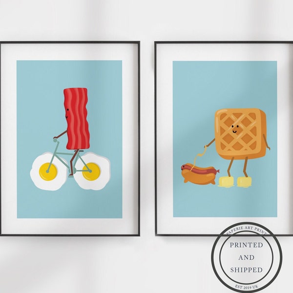 Bacon and Eggs Print | Waffle Man Print | Breakfast Wall Art | Wall Decor | Kitchen Print | Bacon Print | Home Decor | Food Wall Art| 2 Set