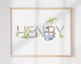 May include: A watercolor print with the name "HENRY" spelled out in large letters. Each letter is decorated with a dinosaur, leaves, and an egg. The dinosaurs are green, blue, and brown.