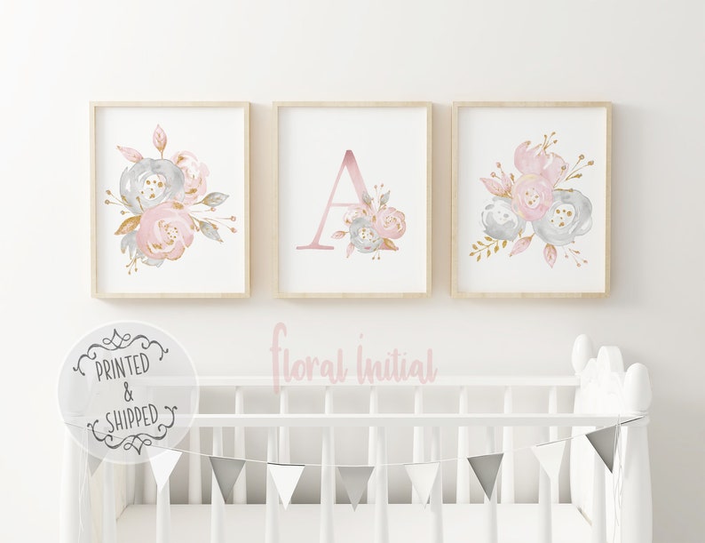 Floral Initial Prints Baby Name Print Floral Nursery Decor Etsy
