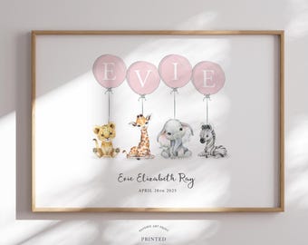 Benutzerdefinierte Kinderzimmer Name Print | Baby Name Druck | Süße Tiere Kinderzimmer Dekor | Personalisierte Kinderzimmer Wandkunst | Giraffe Elefant Tier Namensschild