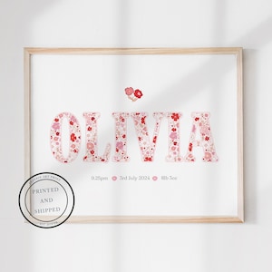 Floral Initial Personalisierter Name Print | Neues Baby-Mädchen-Geschenk | Blumen-Namensdruck | Personalisierte Drucke für Mädchen, Kinderzimmer Print, Rosa Blumen